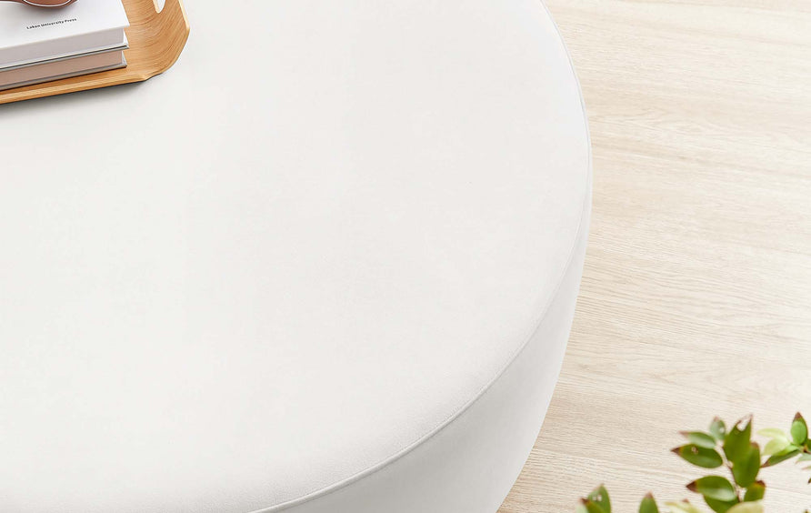 Maple Large 38" Round Performance Velvet Upholstered Ottoman in Alabaster Natural