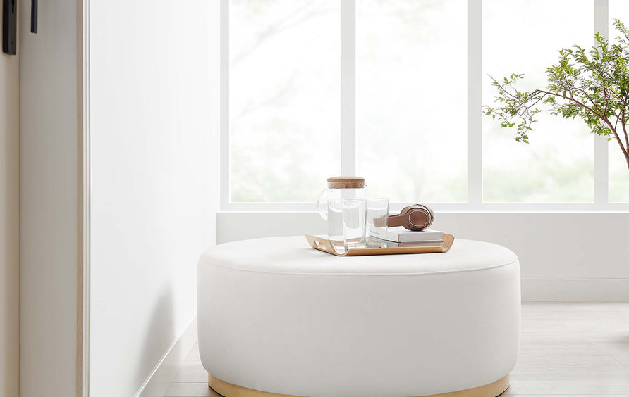 Maple Large 38" Round Performance Velvet Upholstered Ottoman in Alabaster Natural