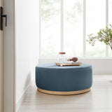 Maple Large 38" Round Performance Velvet Upholstered Ottoman in Cadet Blue Natural