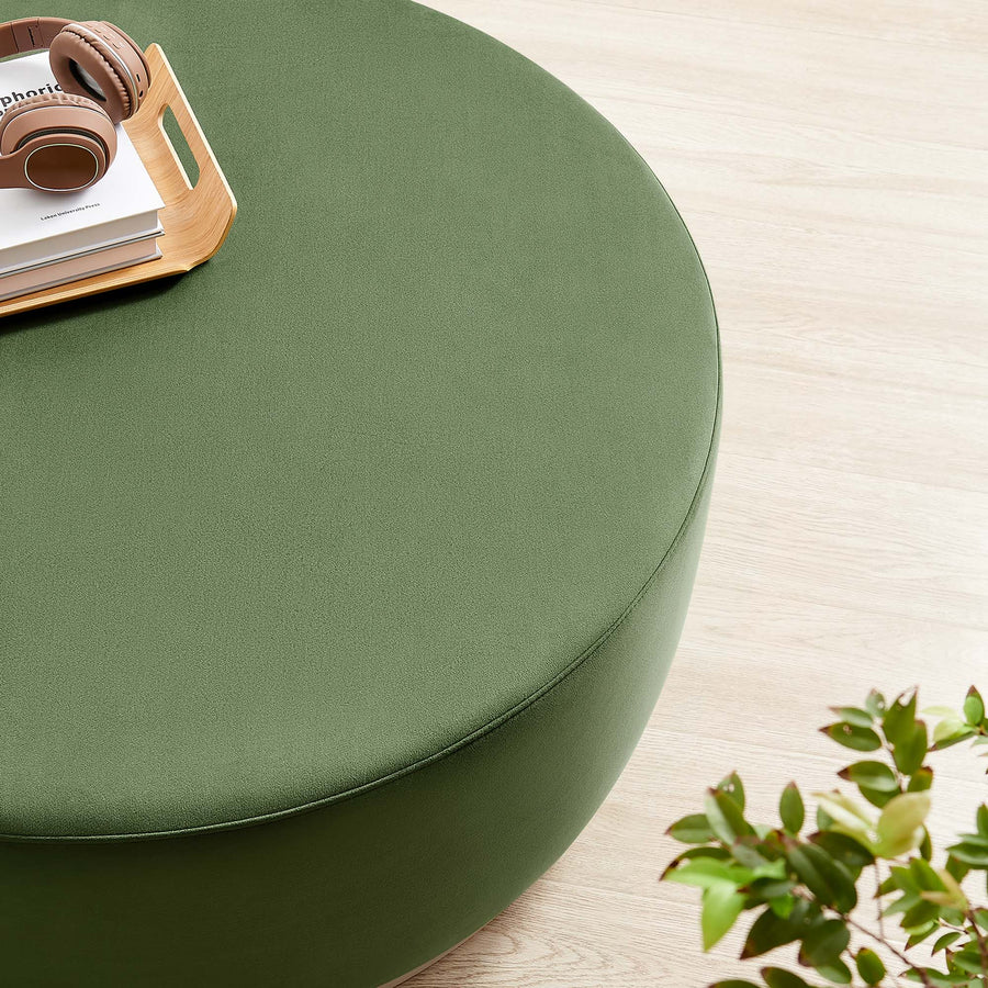 Maple Large 38" Round Performance Velvet Upholstered Ottoman in Moss Green Natural