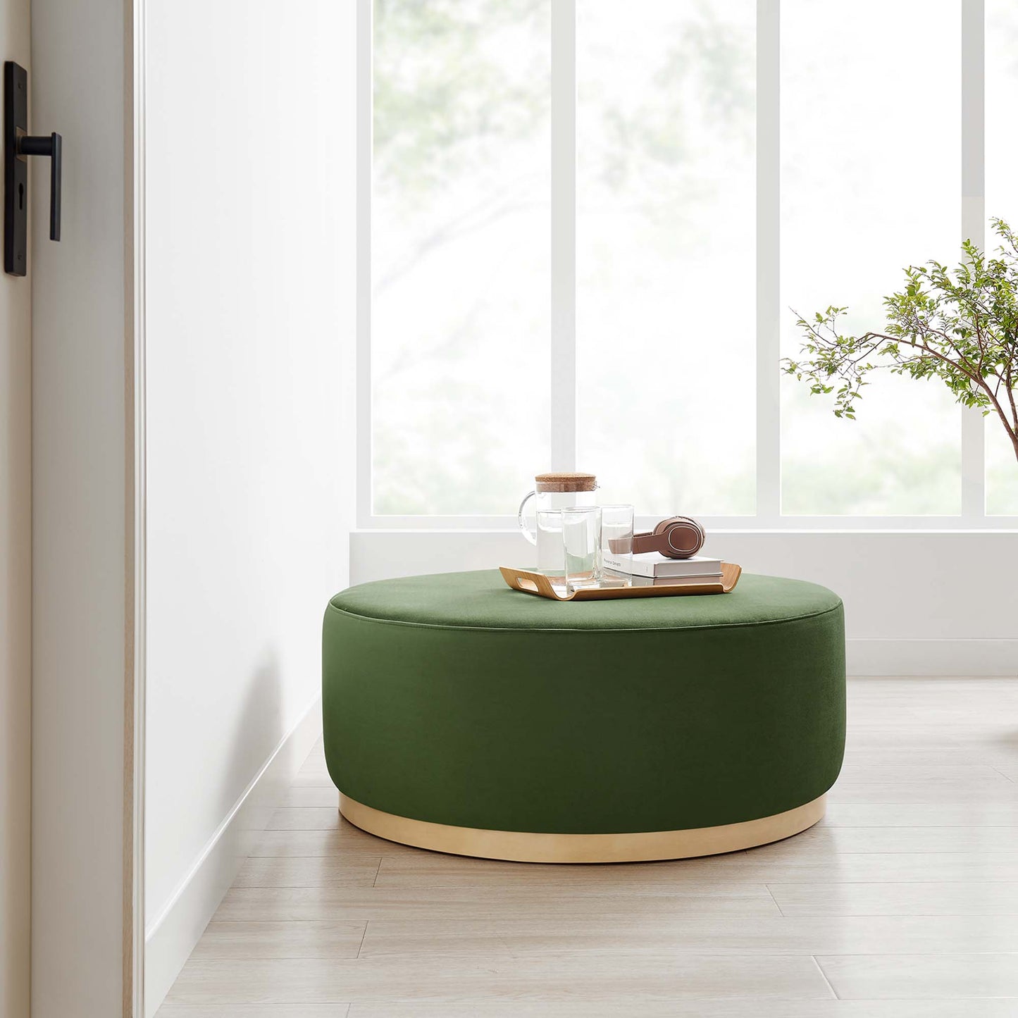 Tilden Large 38" Round Performance Velvet Upholstered Ottoman by Furniture For America