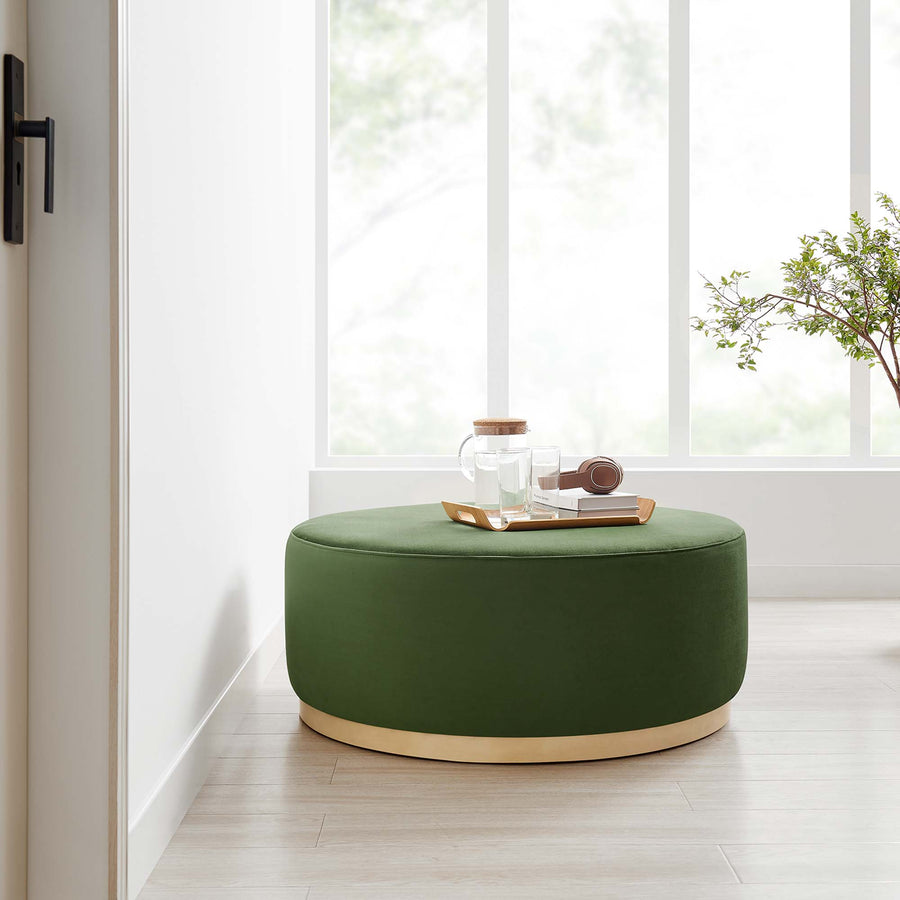 Maple Large 38" Round Performance Velvet Upholstered Ottoman in Moss Green Natural