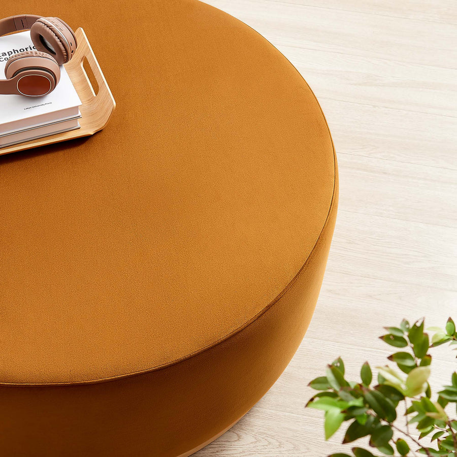 Maple Large 38" Round Performance Velvet Upholstered Ottoman in Rust Natural