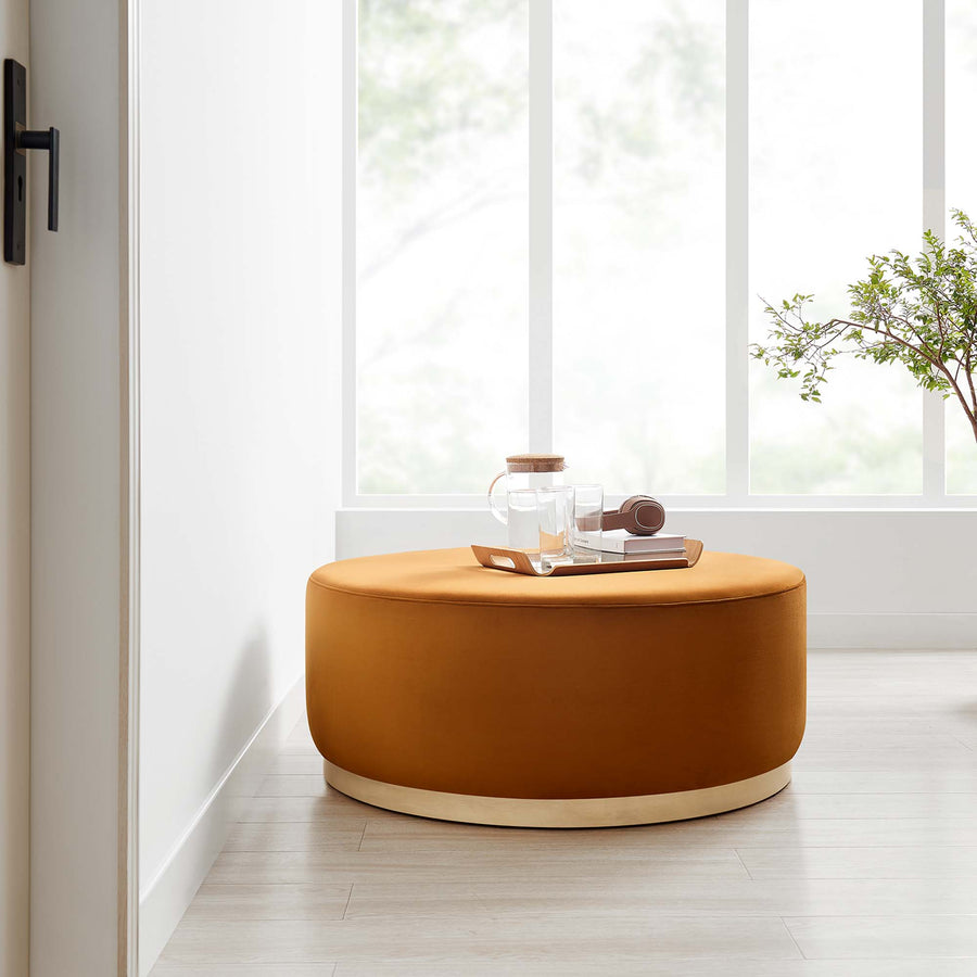 Maple Large 38" Round Performance Velvet Upholstered Ottoman in Rust Natural