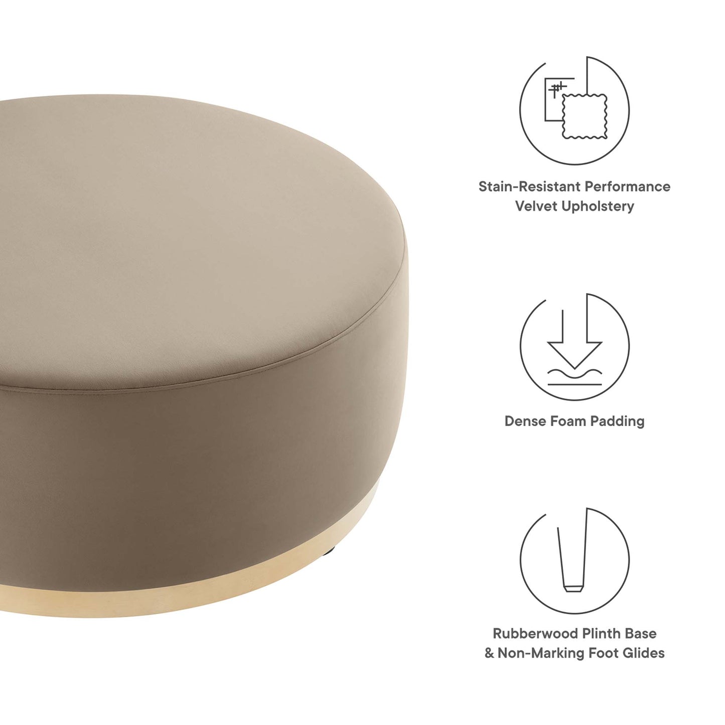 Tilden Large 38" Round Performance Velvet Upholstered Ottoman by Furniture For America