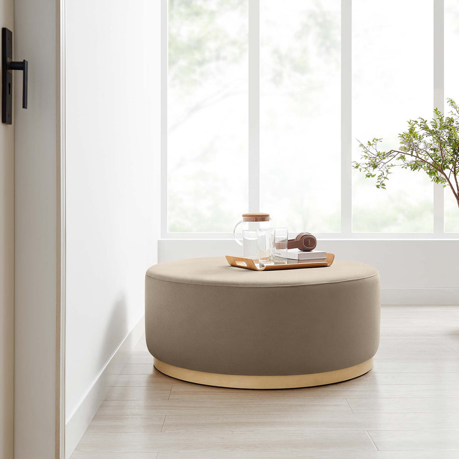 Maple Large 38" Round Performance Velvet Upholstered Ottoman in Taupe Natural