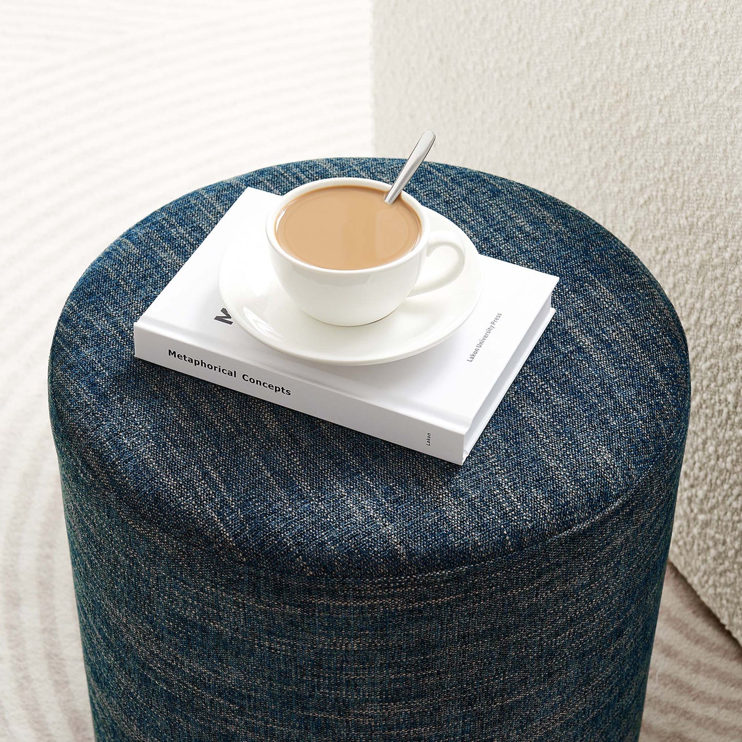 Callum 16" Round Woven Heathered Fabric Upholstered Ottoman by Furniture For America