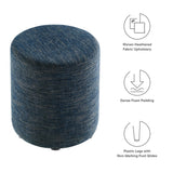Oren 16" Round Woven Heathered Fabric Upholstered Ottoman in Heathered Weave Azure