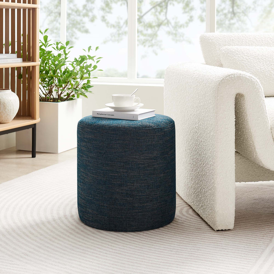 Oren 16" Round Woven Heathered Fabric Upholstered Ottoman in Heathered Weave Azure