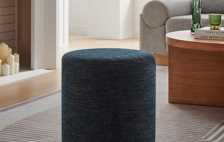 Oren 16" Round Woven Heathered Fabric Upholstered Ottoman in Heathered Weave Azure