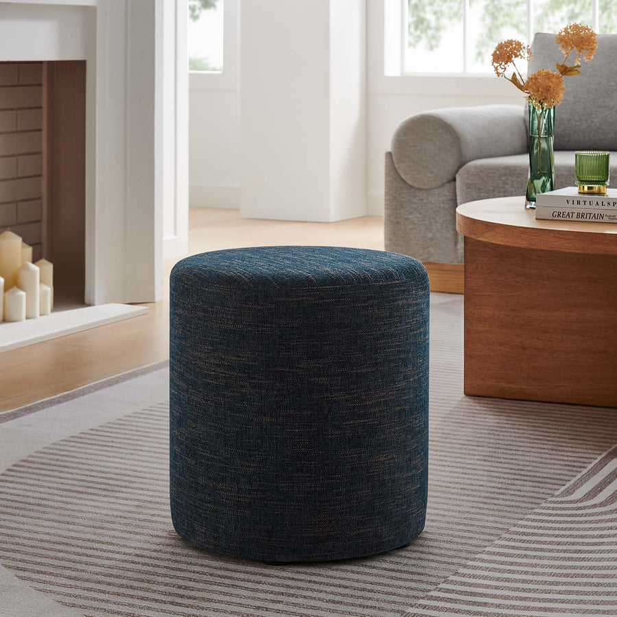Oren 16" Round Woven Heathered Fabric Upholstered Ottoman in Heathered Weave Azure