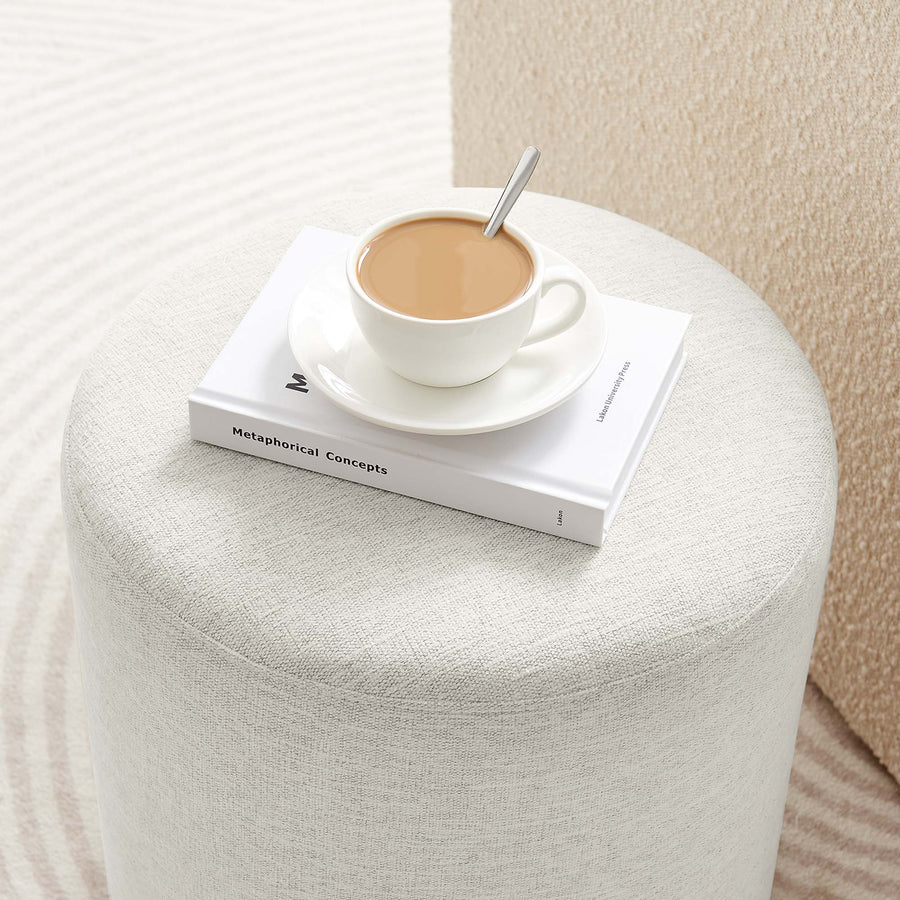 Oren 16" Round Woven Heathered Fabric Upholstered Ottoman in Heathered Weave Ivory