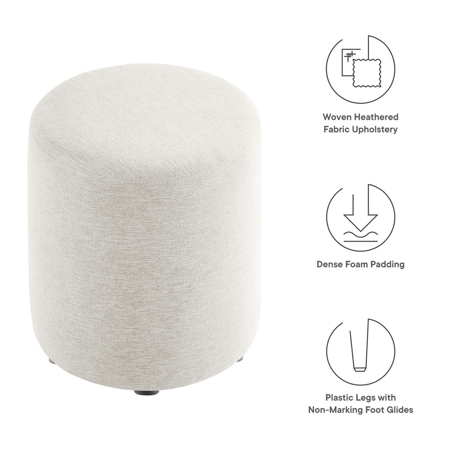Oren 16" Round Woven Heathered Fabric Upholstered Ottoman in Heathered Weave Ivory