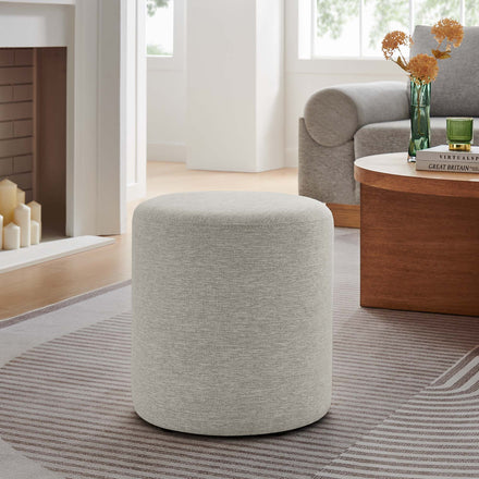Callum 16" Round Woven Heathered Fabric Upholstered Ottoman in Heathered Weave Ivory