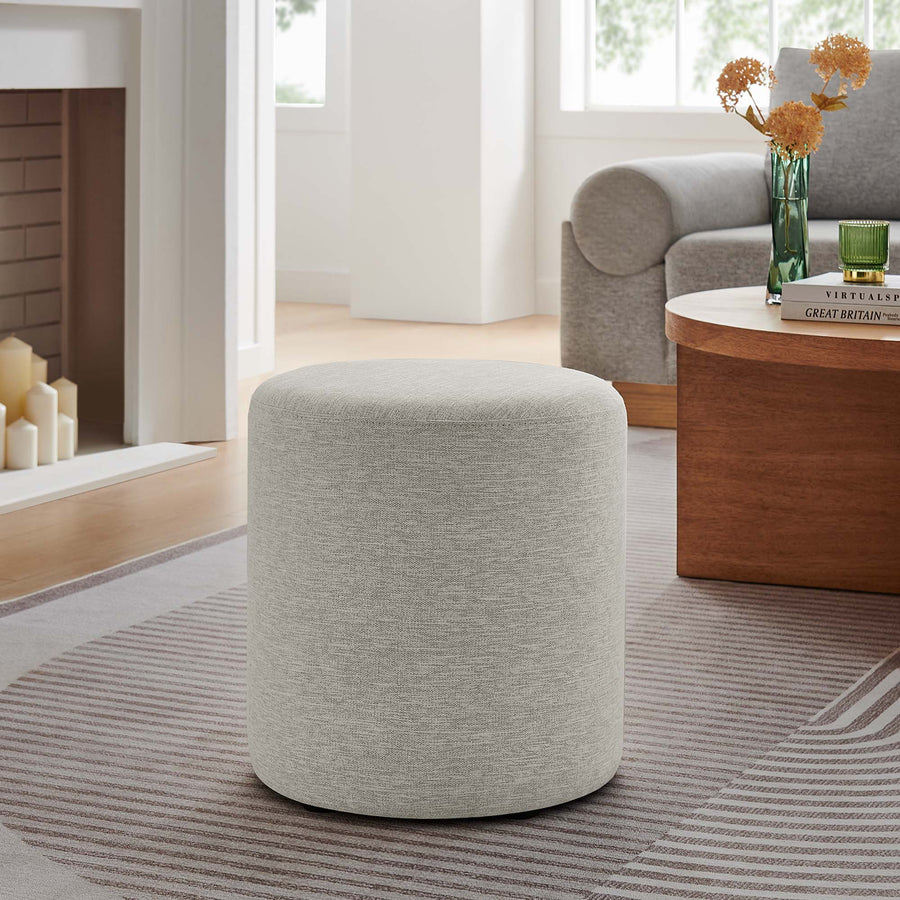 Oren 16" Round Woven Heathered Fabric Upholstered Ottoman in Heathered Weave Ivory