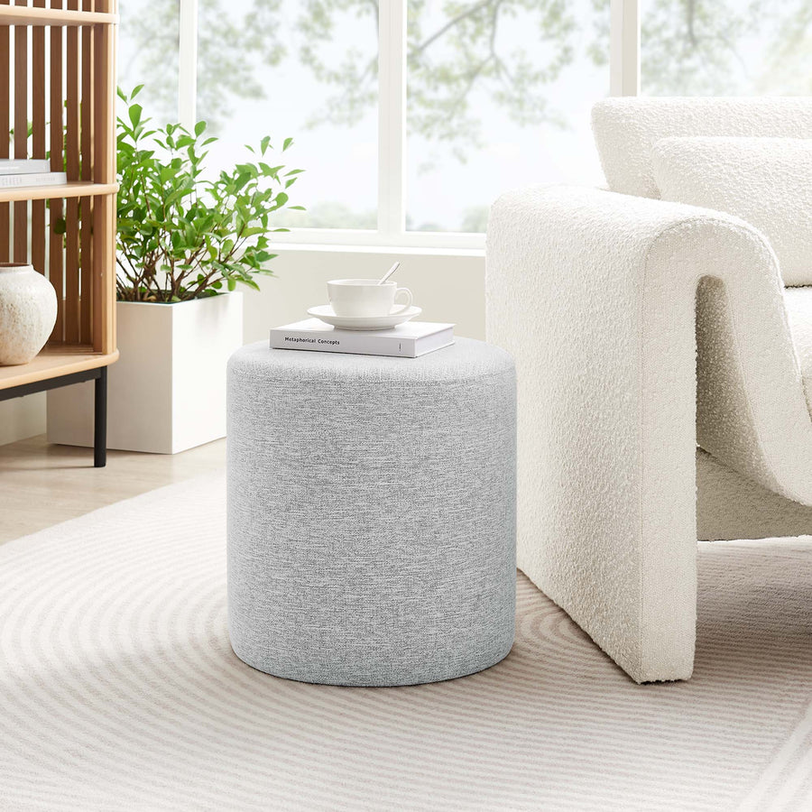 Oren 16" Round Woven Heathered Fabric Upholstered Ottoman in Heathered Weave Light Gray