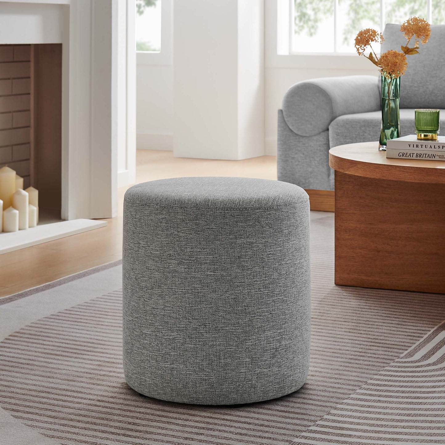 Callum 16" Round Woven Heathered Fabric Upholstered Ottoman by Furniture For America
