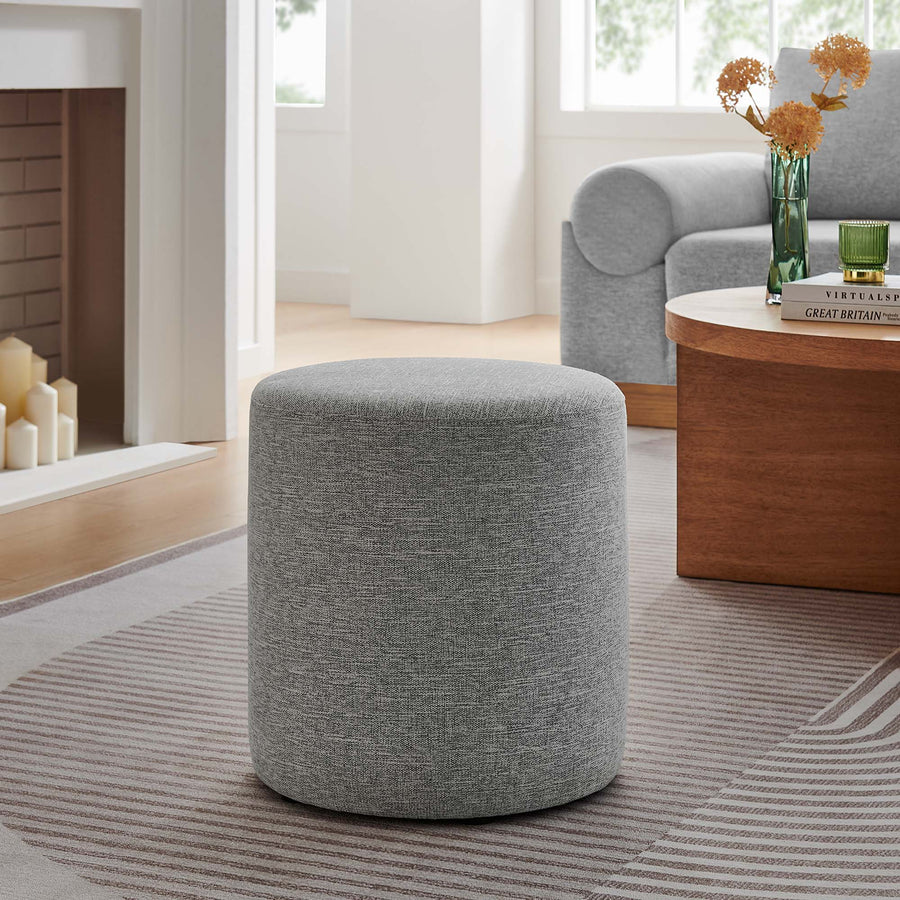 Oren 16" Round Woven Heathered Fabric Upholstered Ottoman in Heathered Weave Light Gray