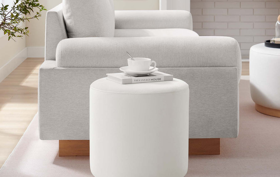 Maple 16" Round Performance Velvet Upholstered Ottoman in Alabaster Natural