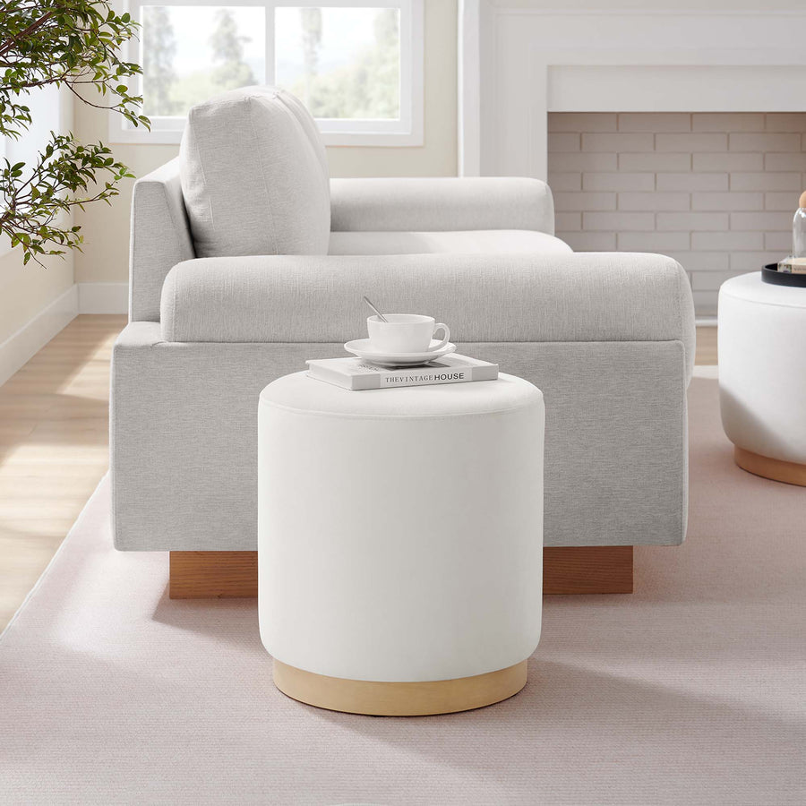 Maple 16" Round Performance Velvet Upholstered Ottoman in Alabaster Natural