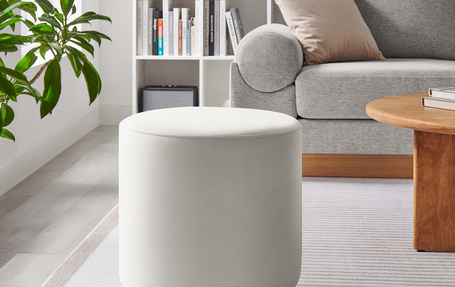 Maple 16" Round Performance Velvet Upholstered Ottoman in Alabaster Natural
