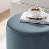 Maple 16" Round Performance Velvet Upholstered Ottoman in Cadet Blue Natural