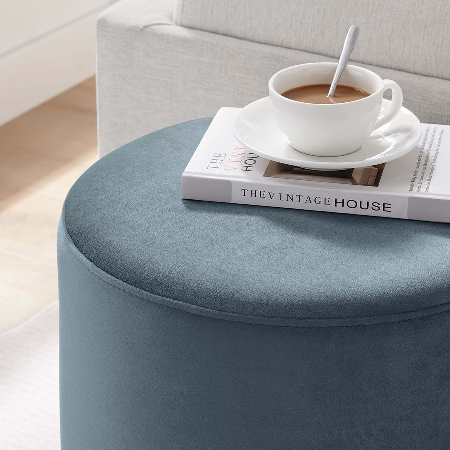 Maple 16" Round Performance Velvet Upholstered Ottoman in Cadet Blue Natural