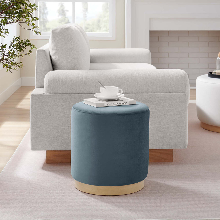 Maple 16" Round Performance Velvet Upholstered Ottoman in Cadet Blue Natural