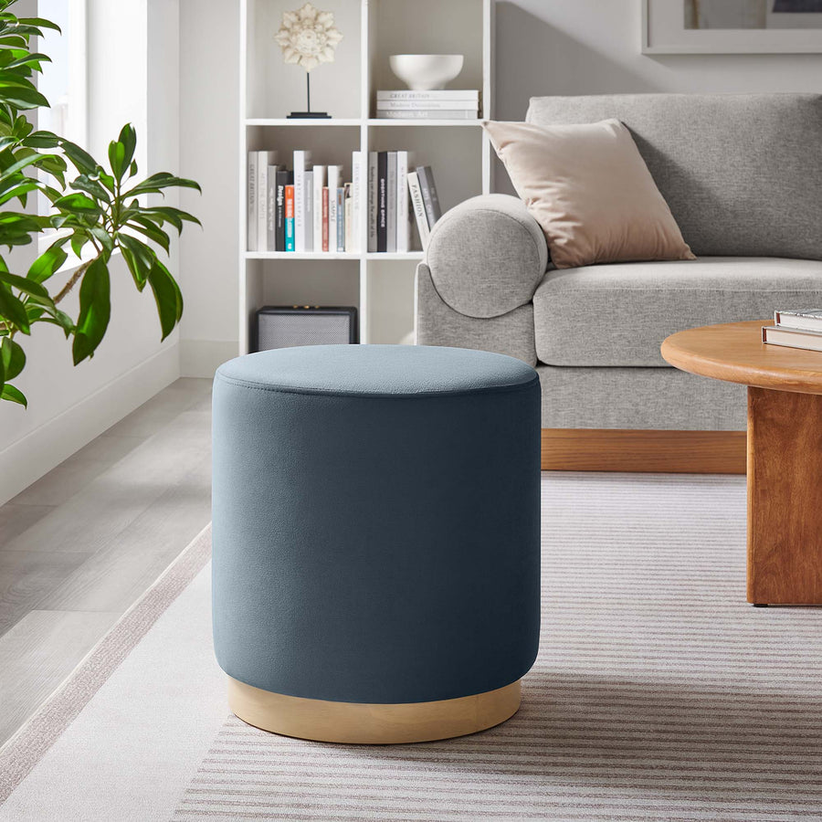 Maple 16" Round Performance Velvet Upholstered Ottoman in Cadet Blue Natural