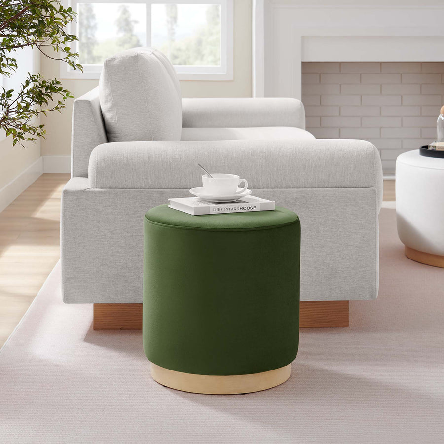 Maple 16" Round Performance Velvet Upholstered Ottoman in Moss Green Natural
