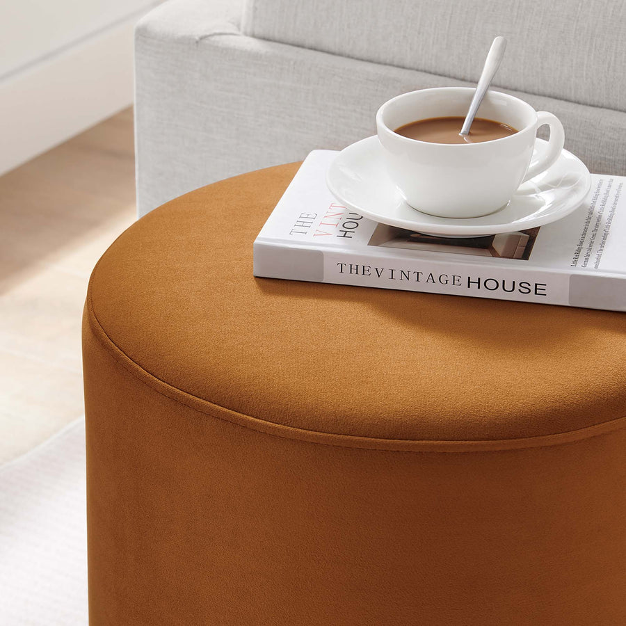 Maple 16" Round Performance Velvet Upholstered Ottoman in Rust Natural