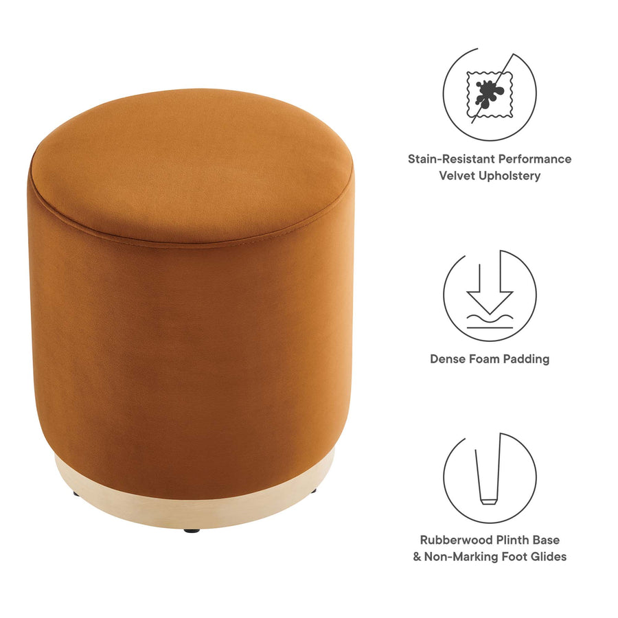 Maple 16" Round Performance Velvet Upholstered Ottoman in Rust Natural
