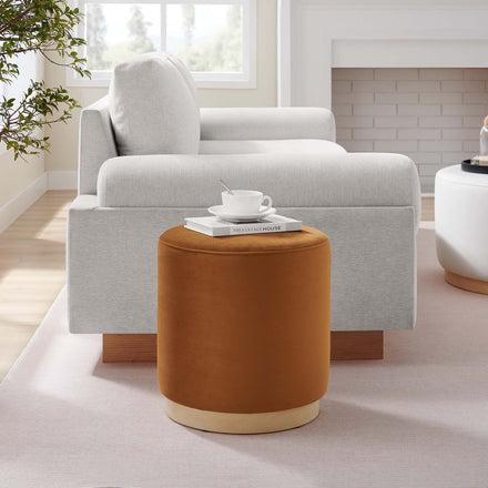 Tilden 16" Round Performance Velvet Upholstered Ottoman in Rust Natural
