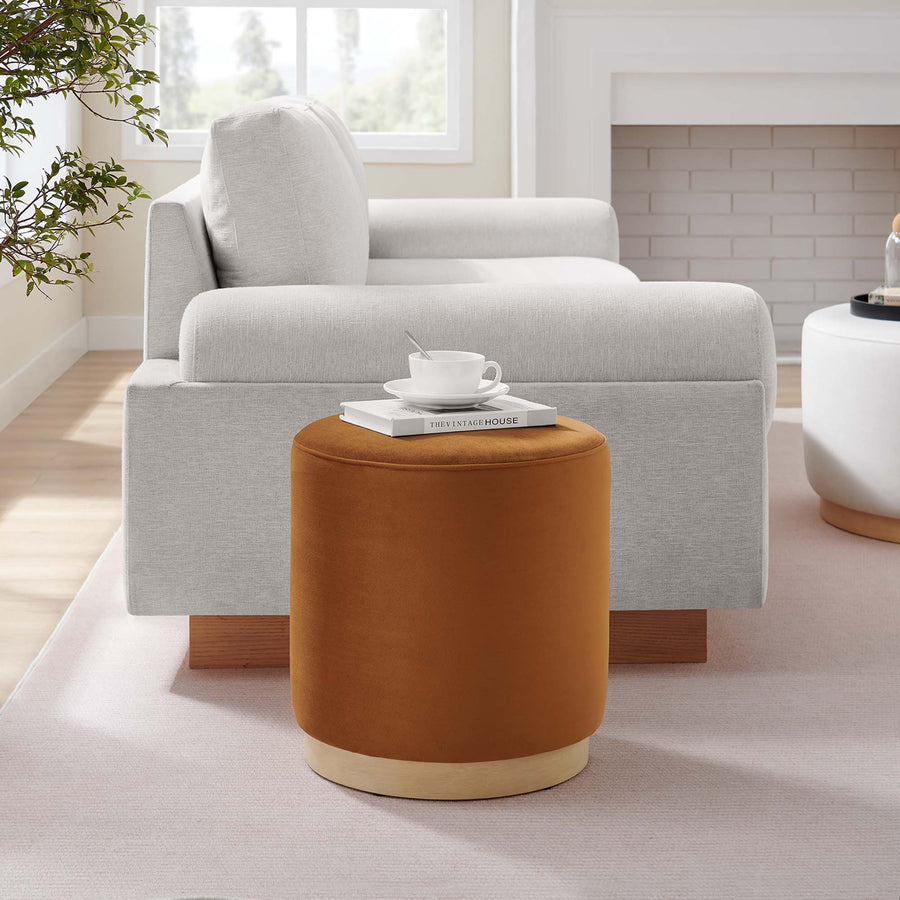 Maple 16" Round Performance Velvet Upholstered Ottoman in Rust Natural