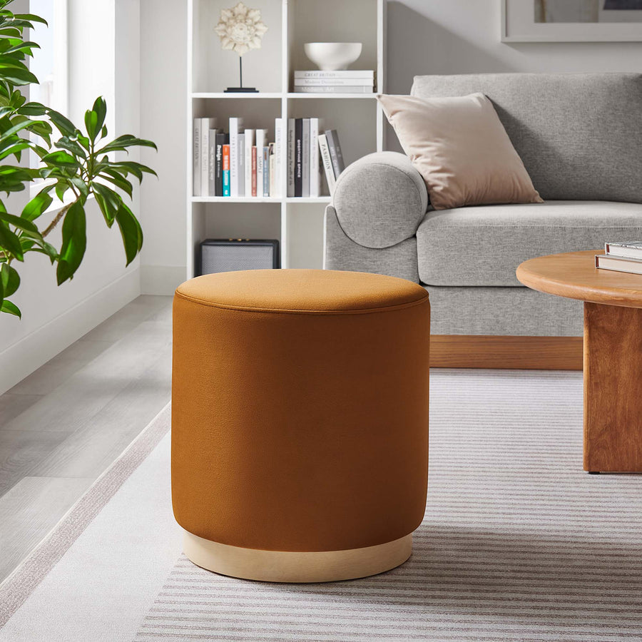 Maple 16" Round Performance Velvet Upholstered Ottoman in Rust Natural