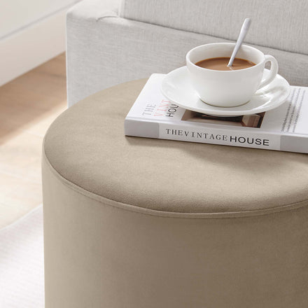 Tilden 16" Round Performance Velvet Upholstered Ottoman in Taupe Natural