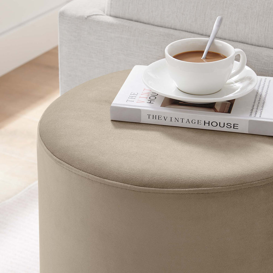 Maple 16" Round Performance Velvet Upholstered Ottoman in Taupe Natural