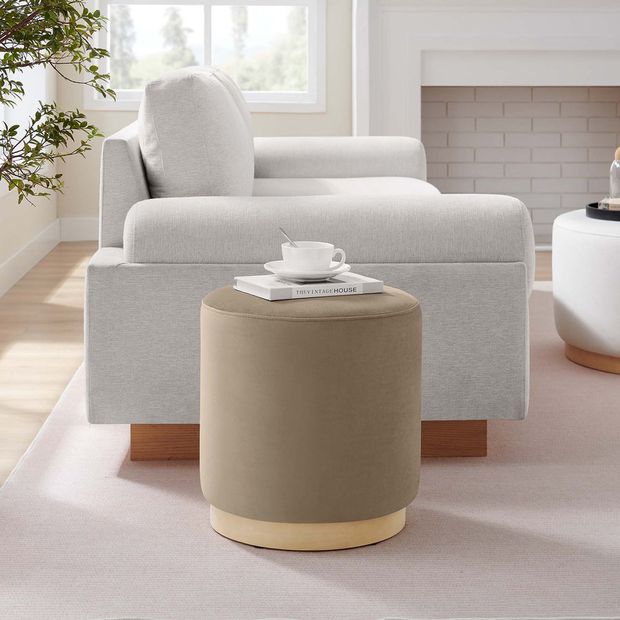 Maple 16" Round Performance Velvet Upholstered Ottoman in Taupe Natural