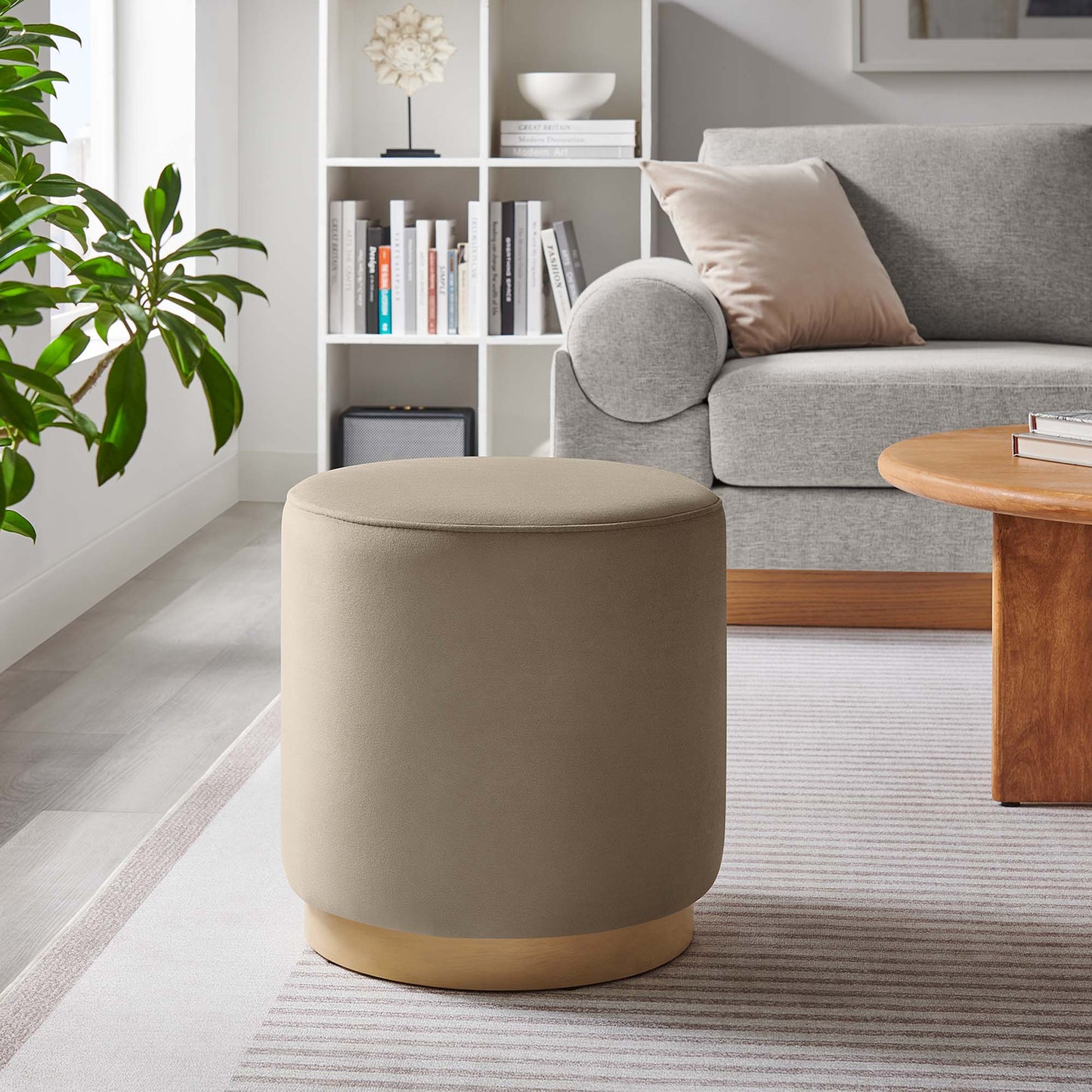 Tilden 16" Round Performance Velvet Upholstered Ottoman by Furniture For America