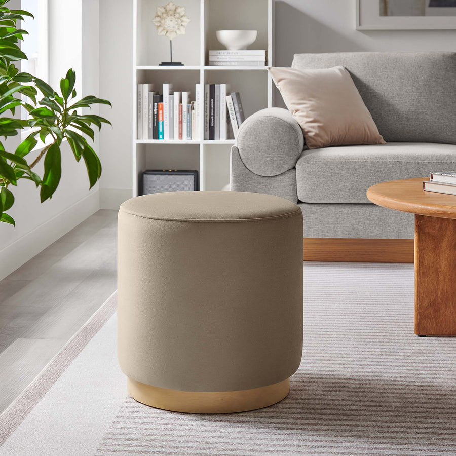 Maple 16" Round Performance Velvet Upholstered Ottoman in Taupe Natural
