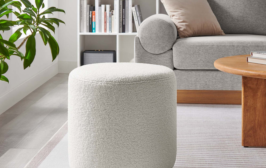 Maple 16" Round Sherpa Upholstered Ottoman in Ivory Natural