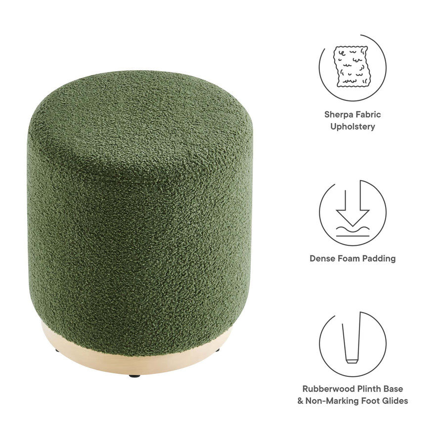 Maple 16" Round Sherpa Upholstered Ottoman in Moss Green Natural