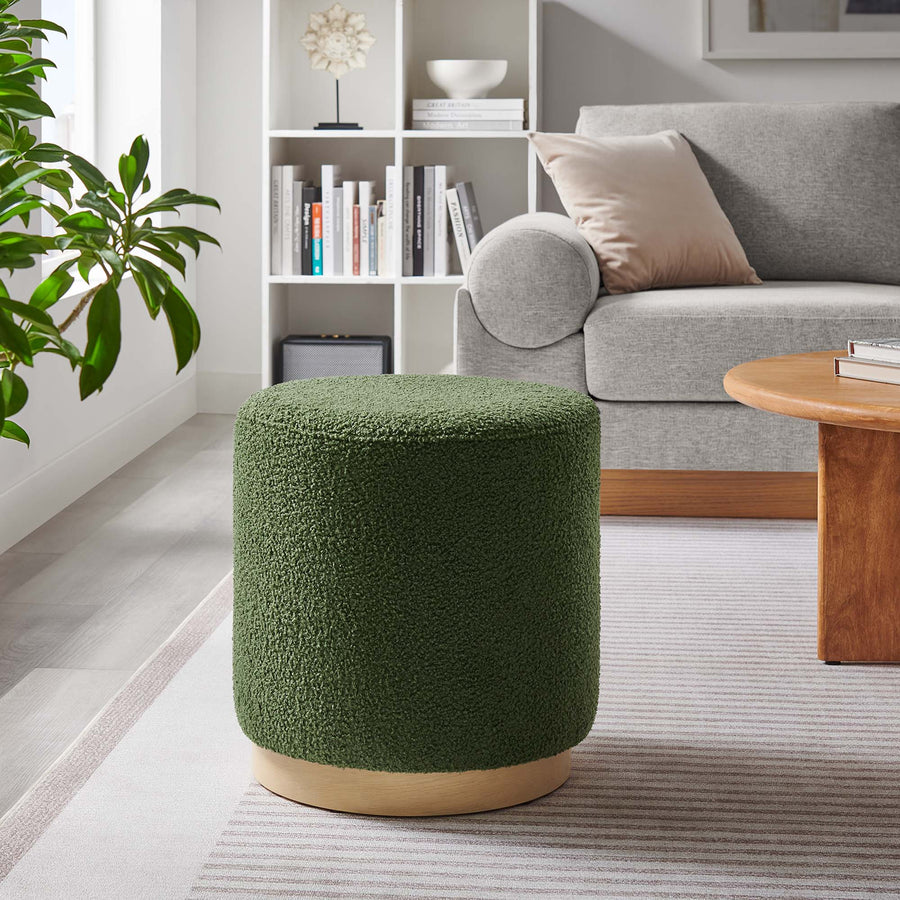 Maple 16" Round Sherpa Upholstered Ottoman in Moss Green Natural
