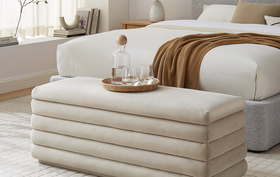 Shuttle Upholstered Performance Velvet Storage Bench in Almond