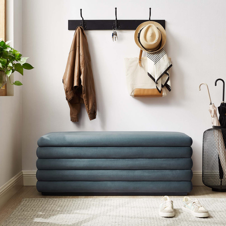 Shuttle Upholstered Performance Velvet Storage Bench in Cadet Blue
