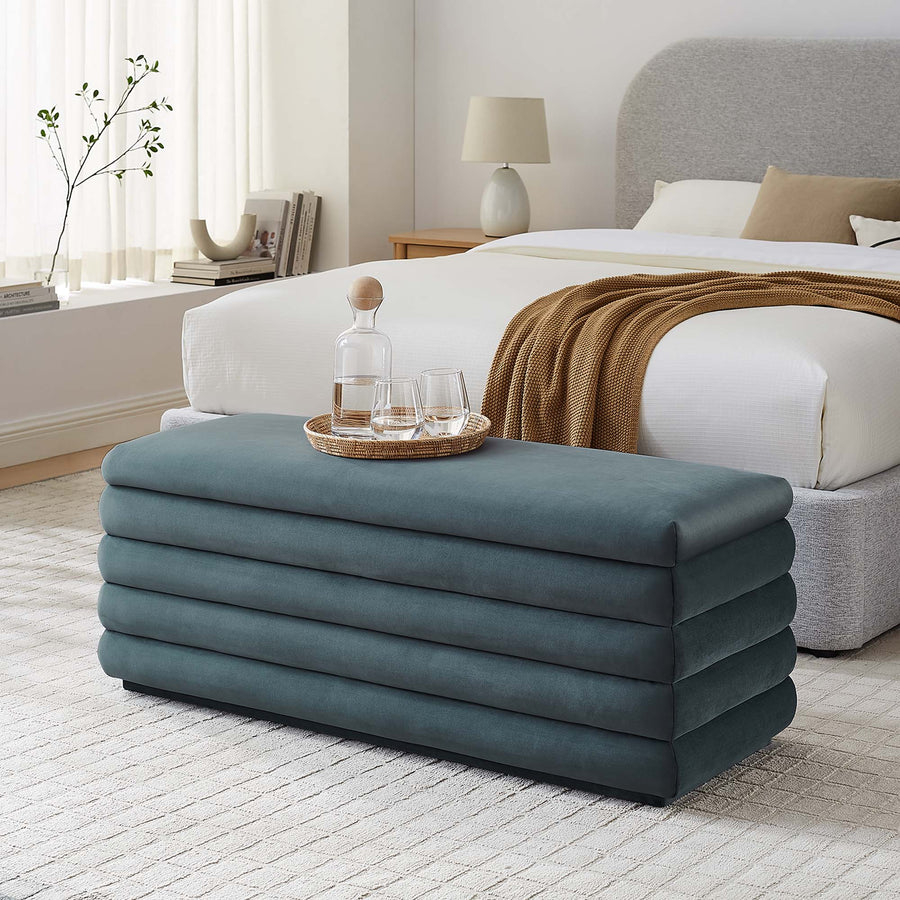 Shuttle Upholstered Performance Velvet Storage Bench in Cadet Blue