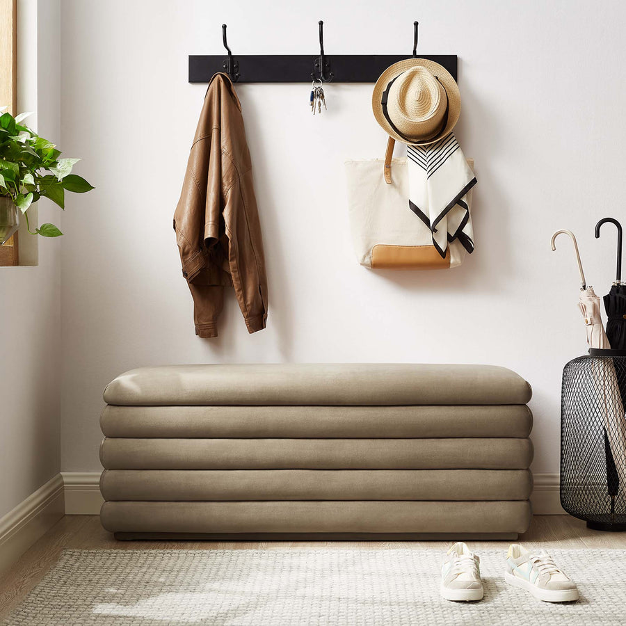 Shuttle Upholstered Performance Velvet Storage Bench in Taupe
