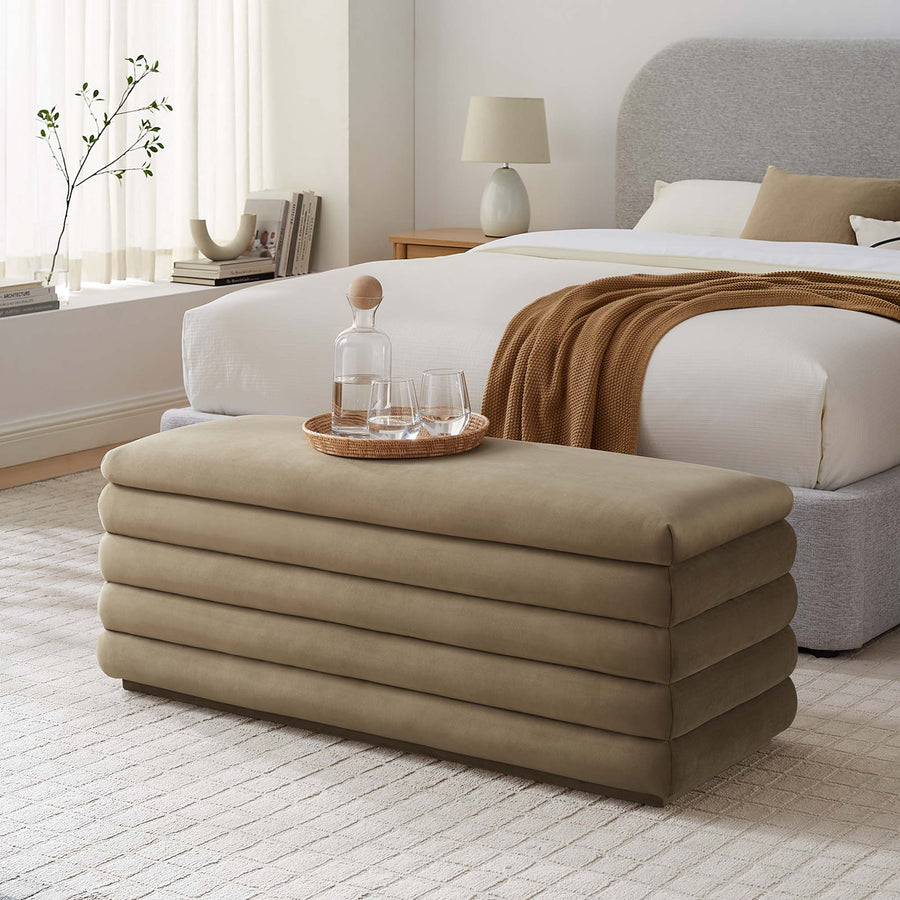 Shuttle Upholstered Performance Velvet Storage Bench in Taupe
