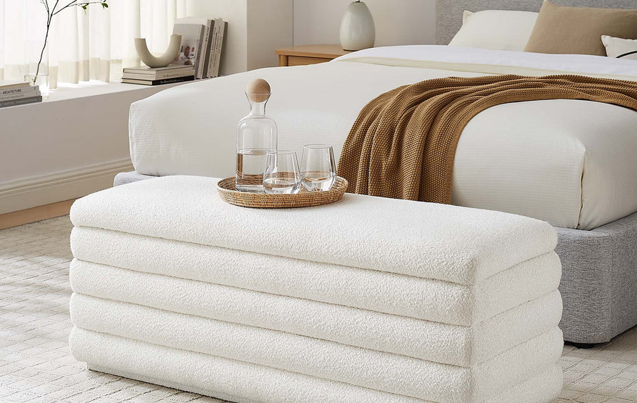 Shuttle Boucle Upholstered Storage Bench in Cloud