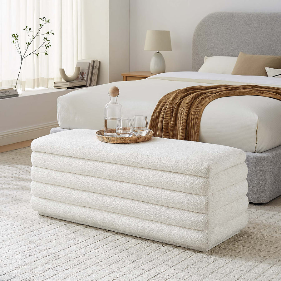 Shuttle Boucle Upholstered Storage Bench in Cloud